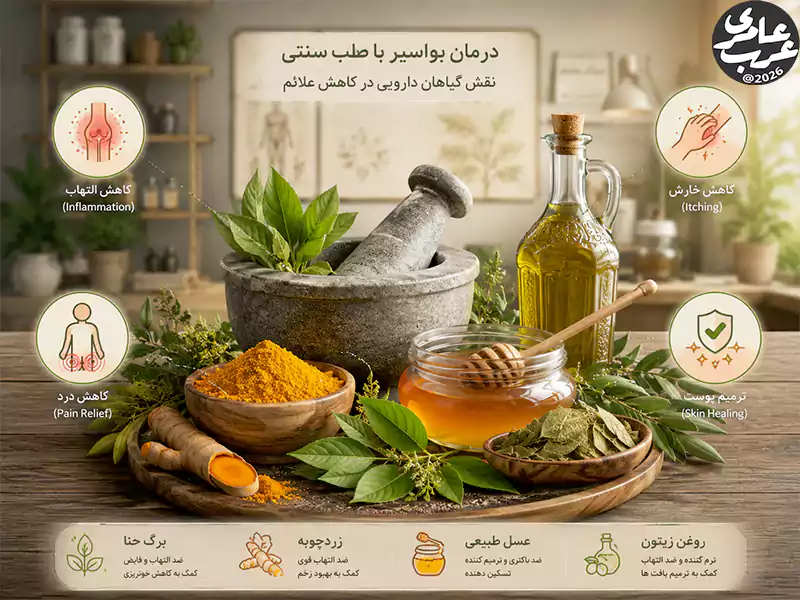 گیاهان دارویی مؤثر در کاهش علائم بواسیر در طب سنتی شامل حنا، زردچوبه، عسل و روغن زیتون