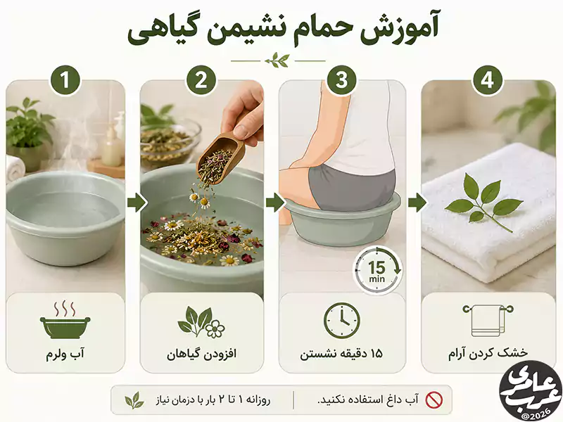 آموزش تصویری حمام نشیمن گیاهی برای بواسیر خونی در چهار مرحله