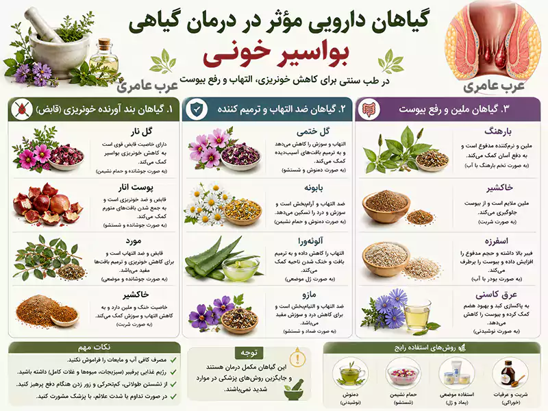 طبقهبندی گیاهان دارویی مؤثر برای بواسیر خونی بر اساس کاهش خونریزی، التهاب و یبوست